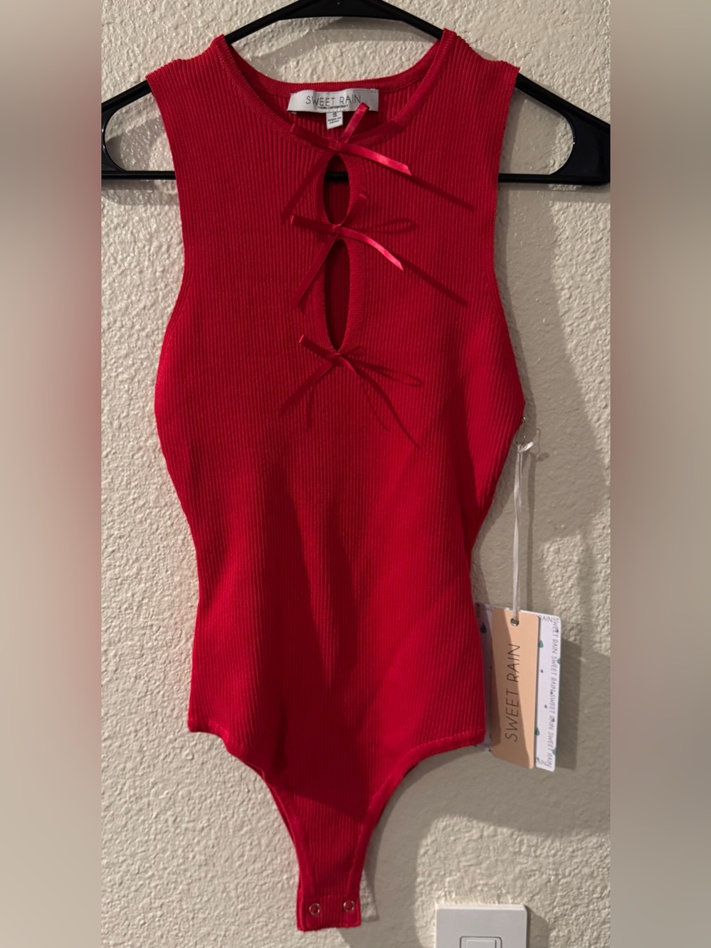 NWT Sweet Rain Hot Red Ribbed Sleeveless Bodysuit with Front Bow Cutouts